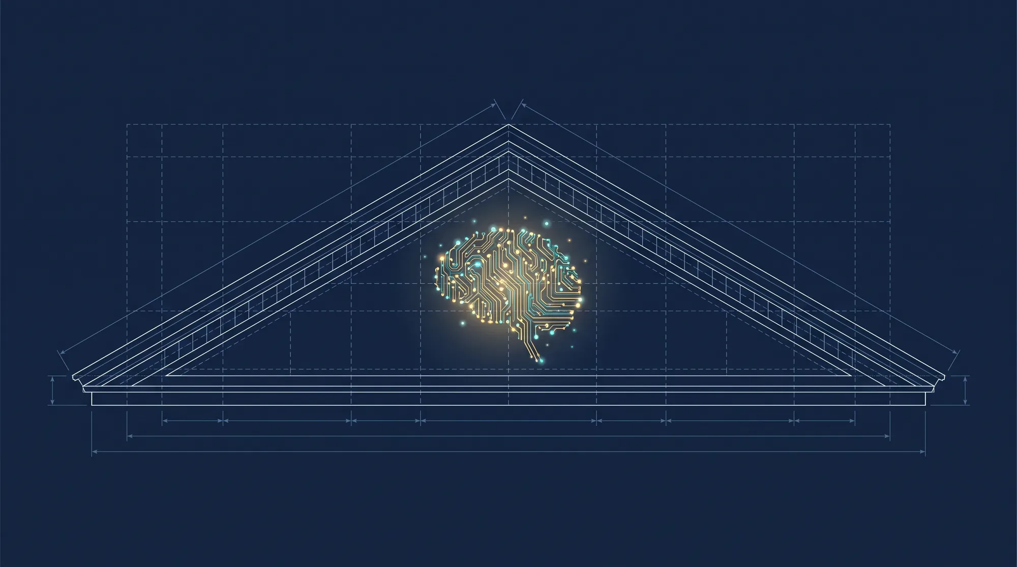 An architectural blueprint of a pediment roofline with a small glowing circuit-brain at its center