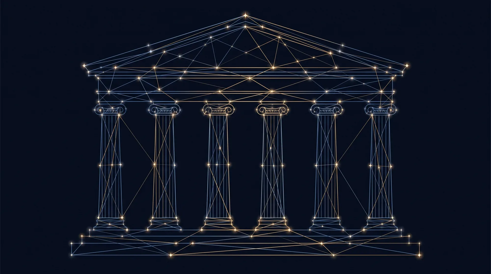 A classical government-building facade of columns and a pediment rendered as a glowing navy-and-gold constellation network