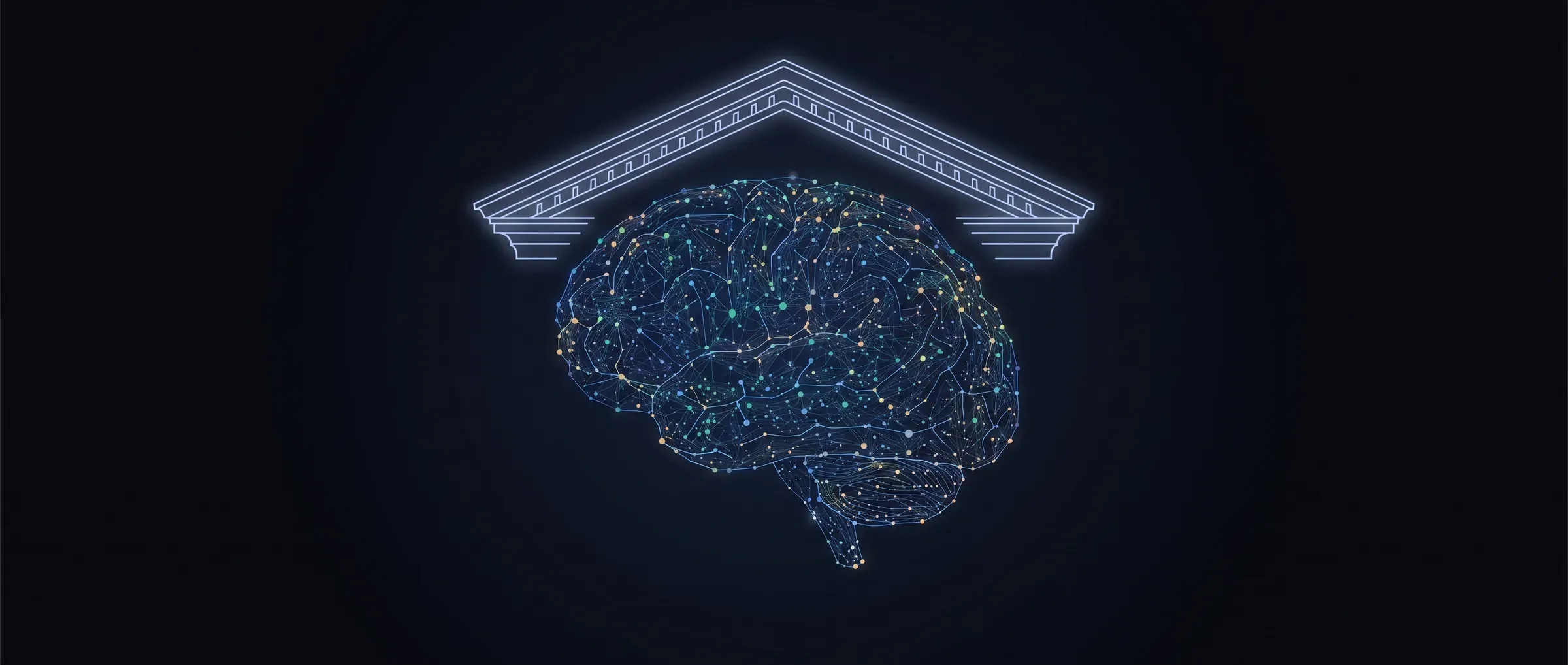 Constellation-node brain forming beneath a glowing architectural pediment roofline, the Pediment Mindworks signature visual