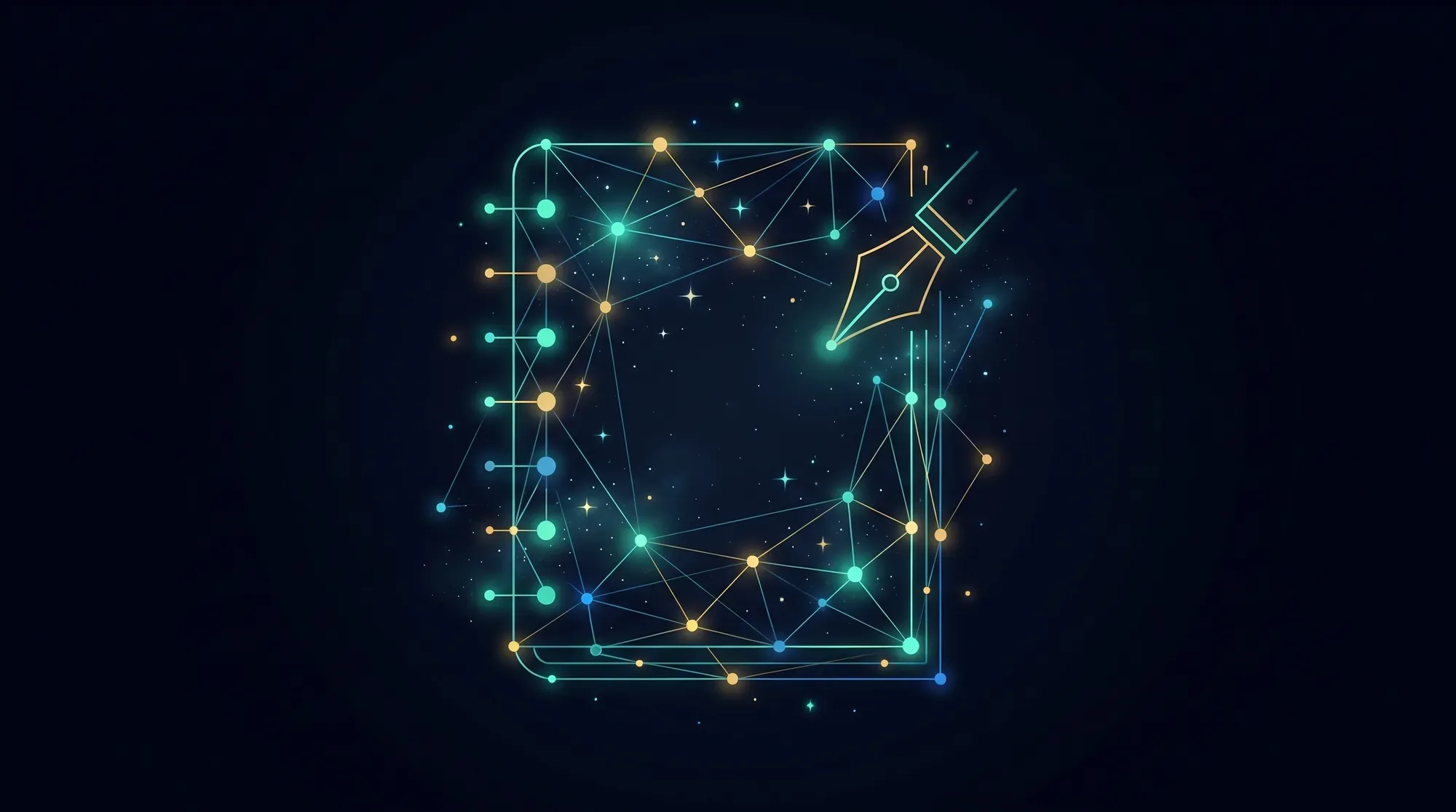 A notebook shape rendered in glowing constellation style, representing Pediment Mindworks' resource library