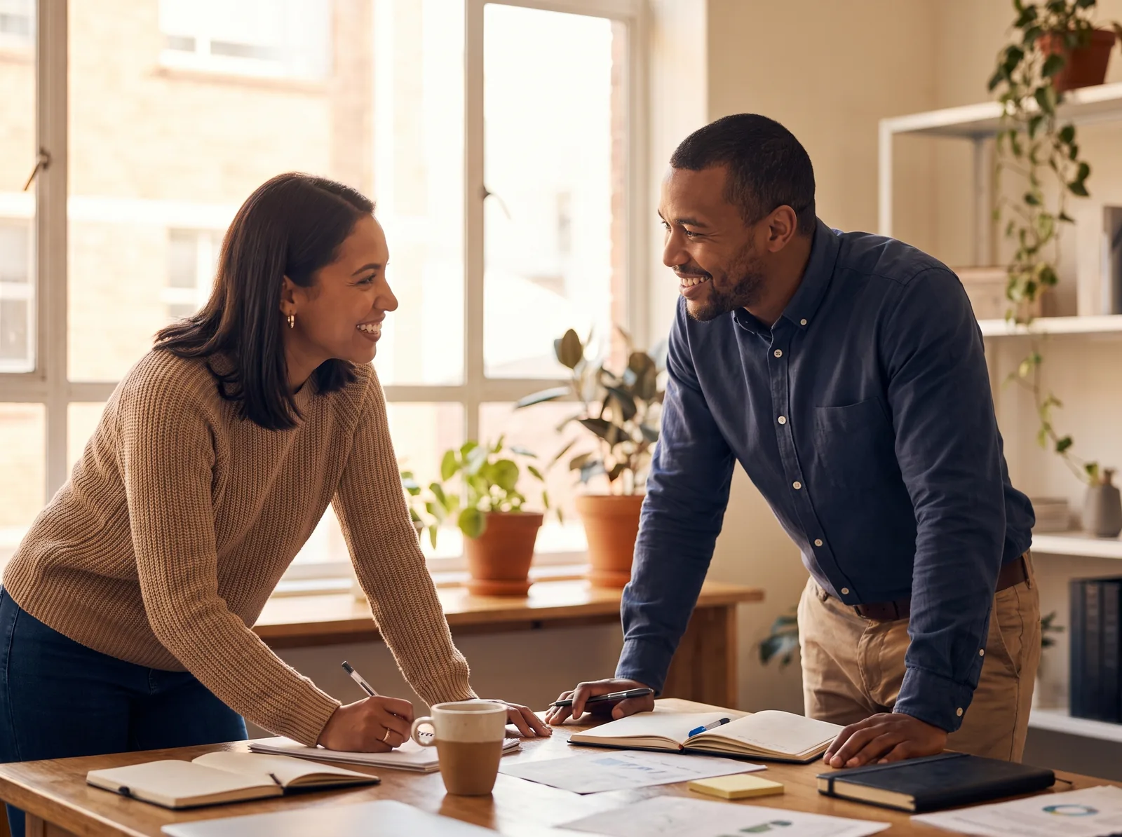 Two colleagues in a warm one-on-one coaching conversation, leaning over a desk with notebooks