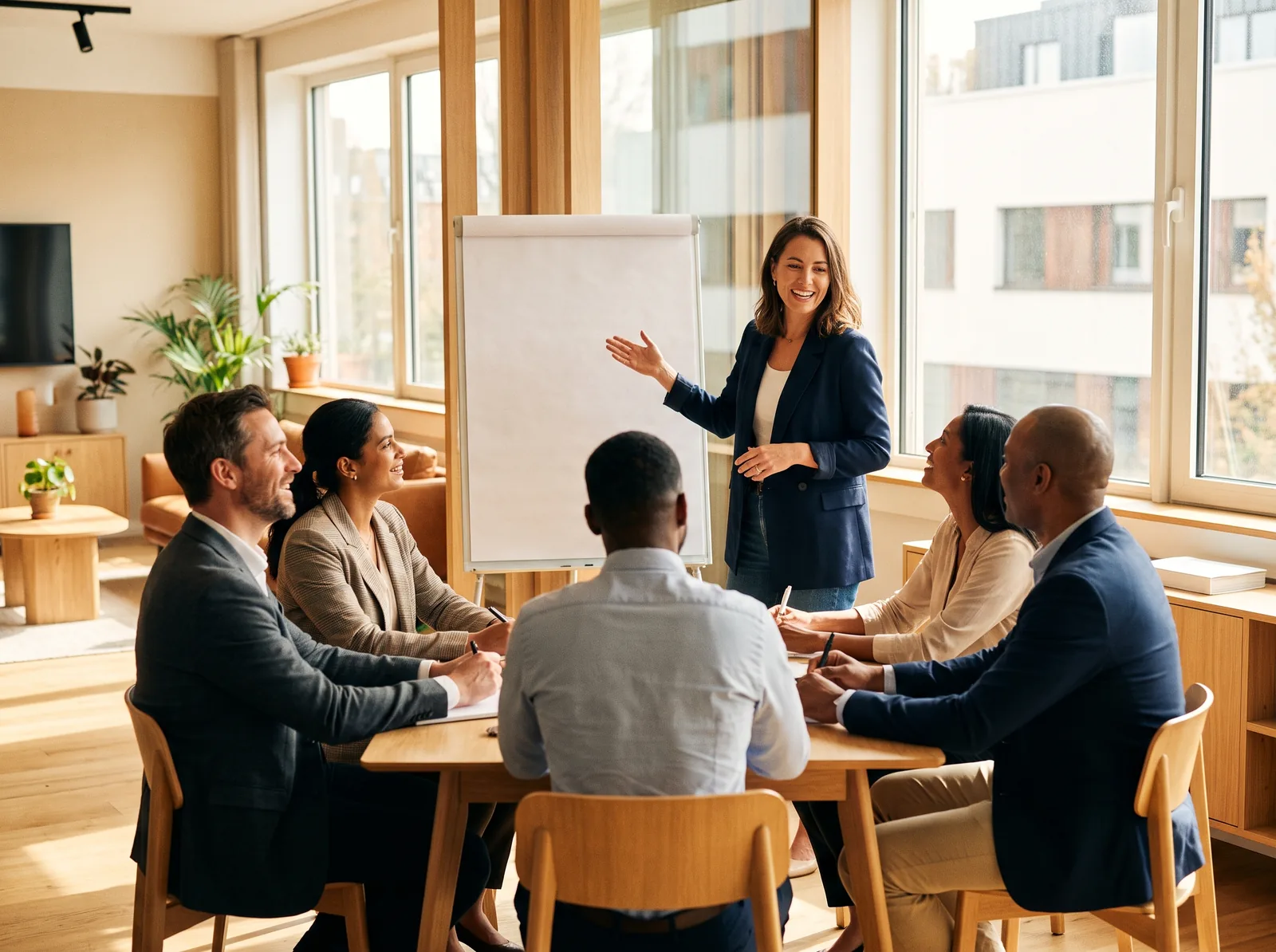 A facilitator presenting to a small seated group with a flip chart