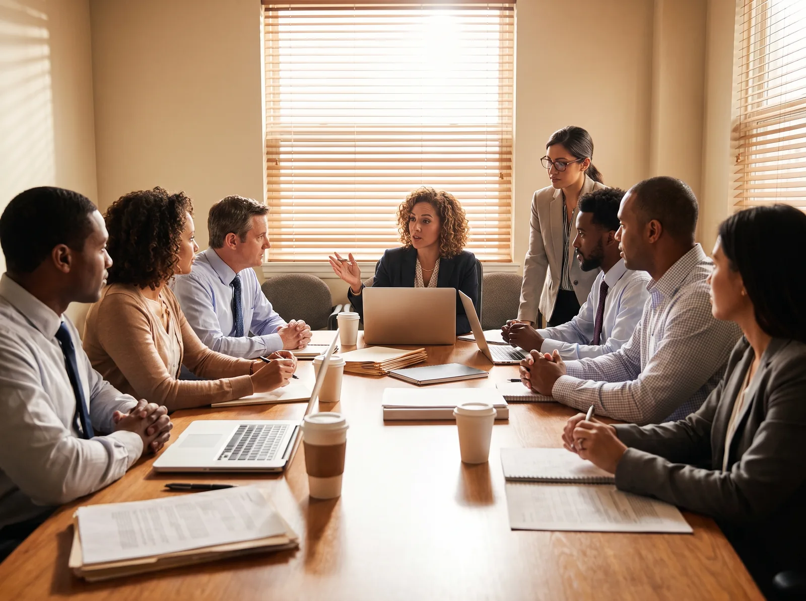 A diverse team meeting around a conference table with laptops and coffee cups, warm light through blinds