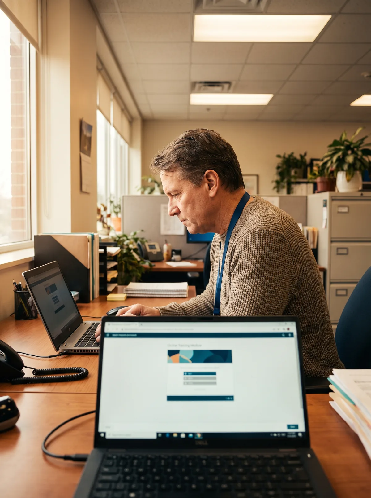 A public-sector employee at a desk completing an on-demand compliance course on a laptop