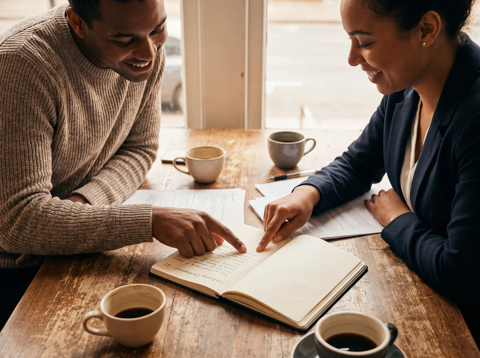 Two colleagues reviewing a leadership plan together in a notebook at a café-style table