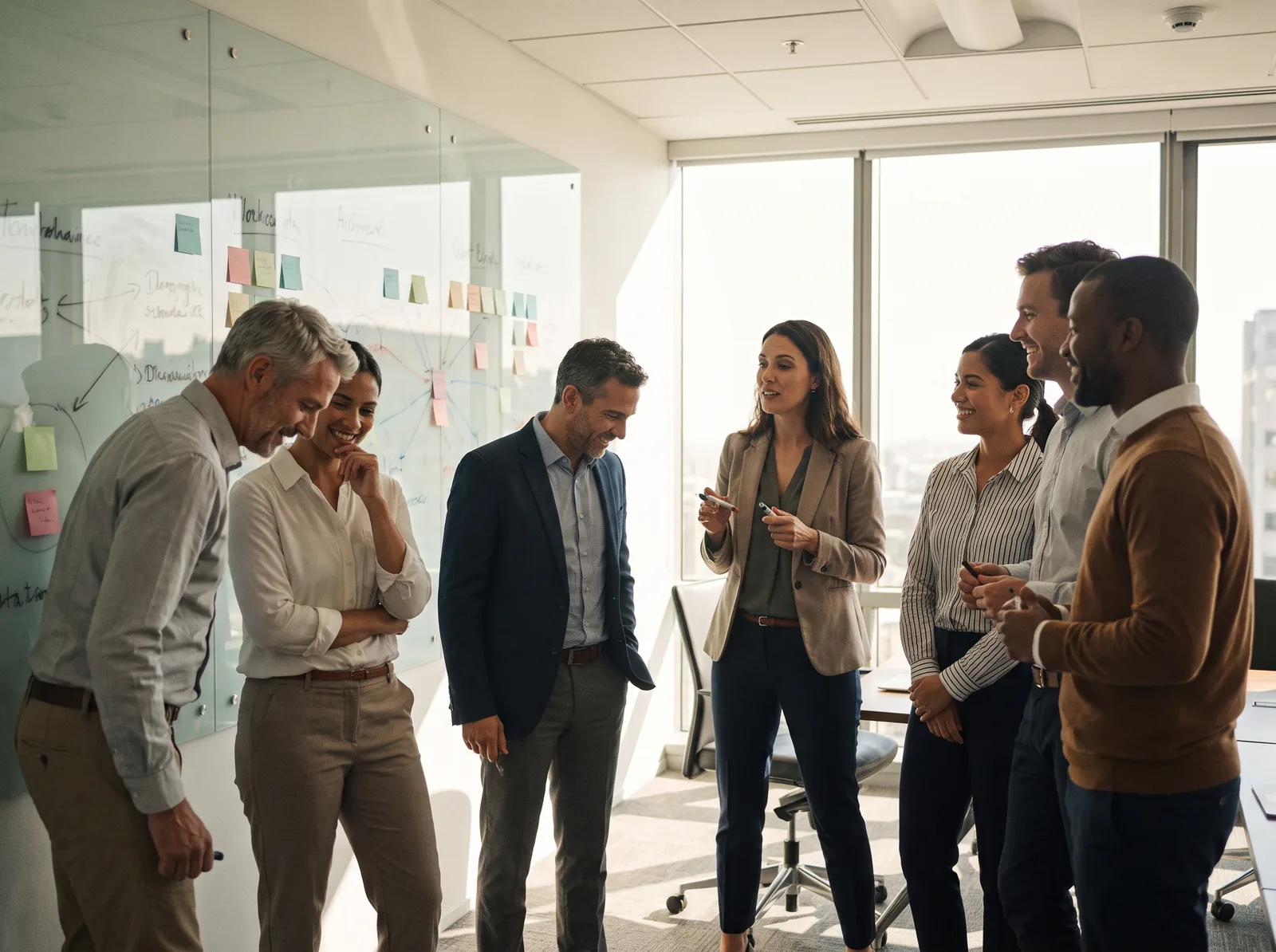 A diverse leadership team at a glass whiteboard covered in sticky notes, mid-discussion